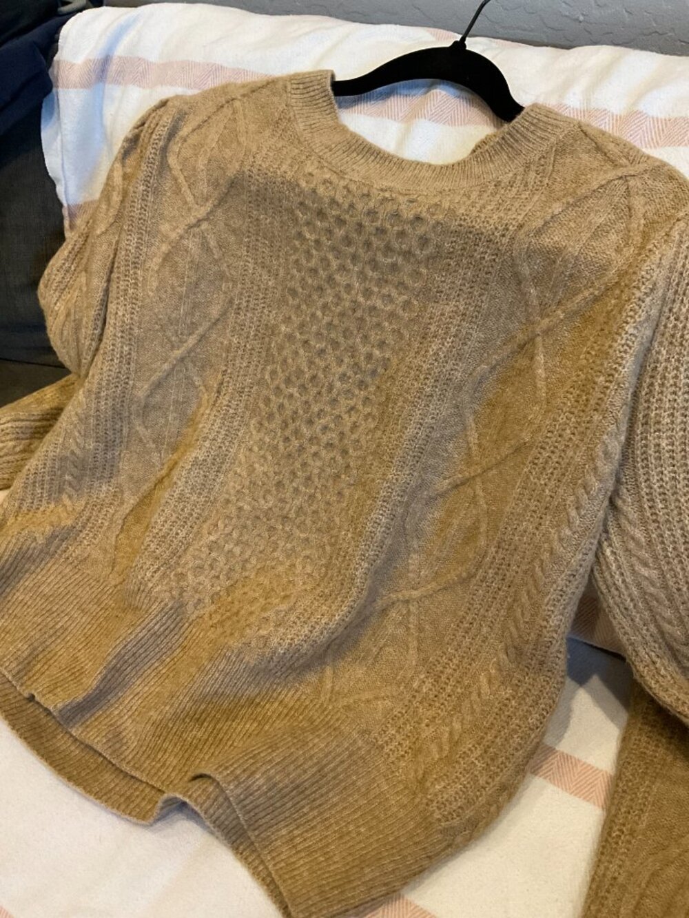 State Cable Knit Sweater Camel Tan Puff Sleeve Mixed Stitch XL - Picture 4 of 4